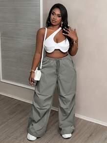 Slaydiva Plus Size High Waisted Loose Drawstring Cargo Pants With Pockets - Perfect For Casual, Running, Street Style - Grey - View 6