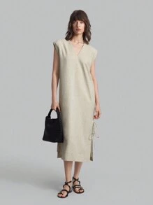 Ontre Women Deep V-Neck Loose Side Slit Tied Waist Midi Dress,Office Lady Working Dress,Fall Season - Khaki - View 1