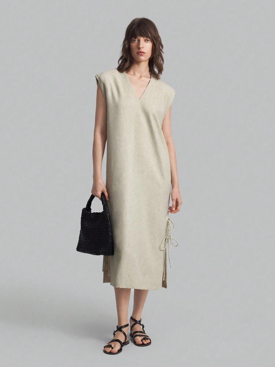 Ontre Women Deep V-Neck Loose Side Slit Tied Waist Midi Dress,Office Lady Working Dress,Fall Season - Khaki - View 1