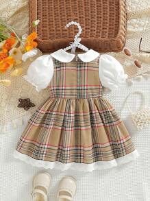 SHEIN Vintaside Kids 女宝宝彼得潘领泡泡袖荷叶边 A 字裙，适合日常穿着和户外活动 - 彩色 - 查看 2