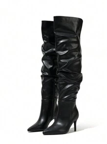 Fall/Winter Fashion Match Hoodie,Women's Pointed Toe Wrinkle Detail Stiletto Thigh High Boots With Side Zipper, Sexy Party Over-The-Knee Leather Boots, Black - Black - View 4