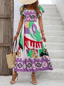 Breezaya Váy du lịch thường ngày mùa hè cổ vuông in họa tiết toàn thân (In ngẫu nhiên) - Nhiều màu - Xem 4