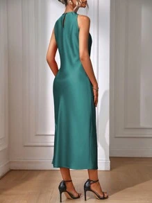 EMERY ROSE Solid Keyhole Back Sleeveless Satin Party Dress Maxi Women Outfit - Teal Blue - View 2