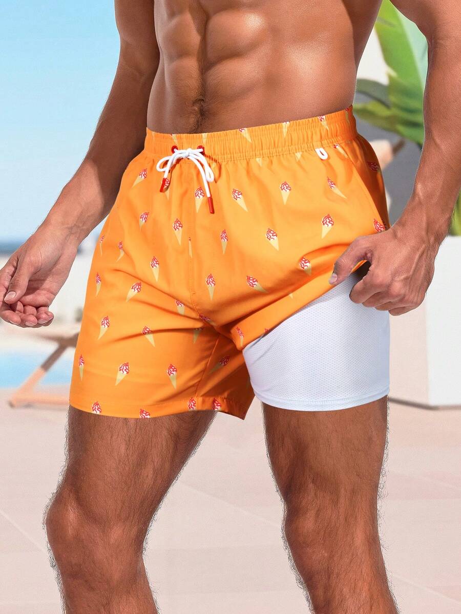 Manfinity Swimmode Men Icecream Print Drawstring Waist Beach Shorts - Orange - View 1