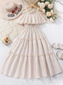 SHEIN Tween Girl Cold Shoulder Ruffle Hem Cami Dress - Apricot - View 4