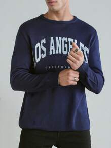 RueChic Men's Basic Casual Style Knitted Sweater With English Floral Pattern And Slim Fit - Navy Blue - View 5