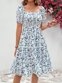 Breezaya Floral Print Square Neck Puff Sleeve Ruffle Hem Dress - Blue - View 5
