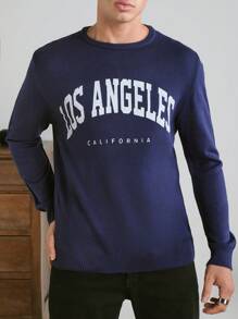 RueChic Men's Basic Casual Style Knitted Sweater With English Floral Pattern And Slim Fit - Navy Blue - View 6