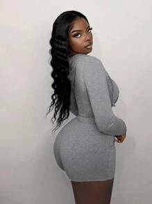 Slaydiva 2 pièces Set : Streetwear décontracté Femme Grise Shorts Moulants Avec Capuche Et Fermeture Éclair Avant