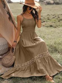 Breezaya Women Contrast Lace Ruffle Hem Cami Dress For Summer, Sundress Maxi Vacation Beach Outfit - Khaki - View 4