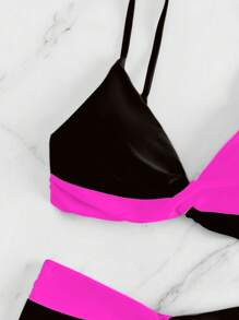 SHEIN Swim Summer Beach Hot Pink Black Color Block Twist Front Bikini Set 2 Pieces Bathing Suits For Women - Multicolor - View 6