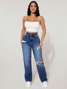 SHEIN PETITE High Waist Ripped Straight Leg Jeans For Dailywear