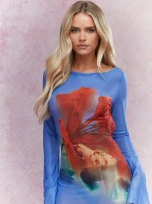 MISSGUIDED 透明图案印花美人鱼下摆露背长连衣裙 - 藍色 - 查看 3