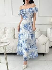 Modelyn 花卉印花露肩荷叶边雪纺长裙长款晚礼服 - 彩色 - 查看 5