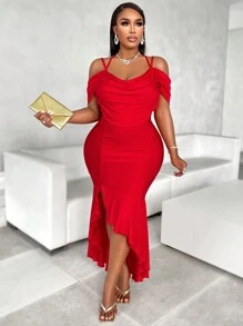 Women'S Plus Size Party Draped Collar Hollow Out Shoulder Asymmetric Fish Tail Dress