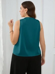 Firerie 大尺碼女款時尚褶皺紮領背心，香檳米色V領寬鬆長版簡約時尚，適用於上班通勤 - 水鴨藍 - 查看 2