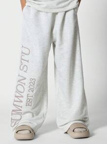 SUMWON Tween Girls Everyday Play Oversized Elbow Sleeve Tee And Loose Fit Sweatpants With Embroidery Print 2 Piece Set - Grey - View 4