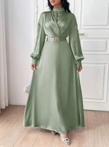 Modelyn Solid Mock Neck Dress Without Belt For Dailywear Long Evening Dresses - Green - View 5