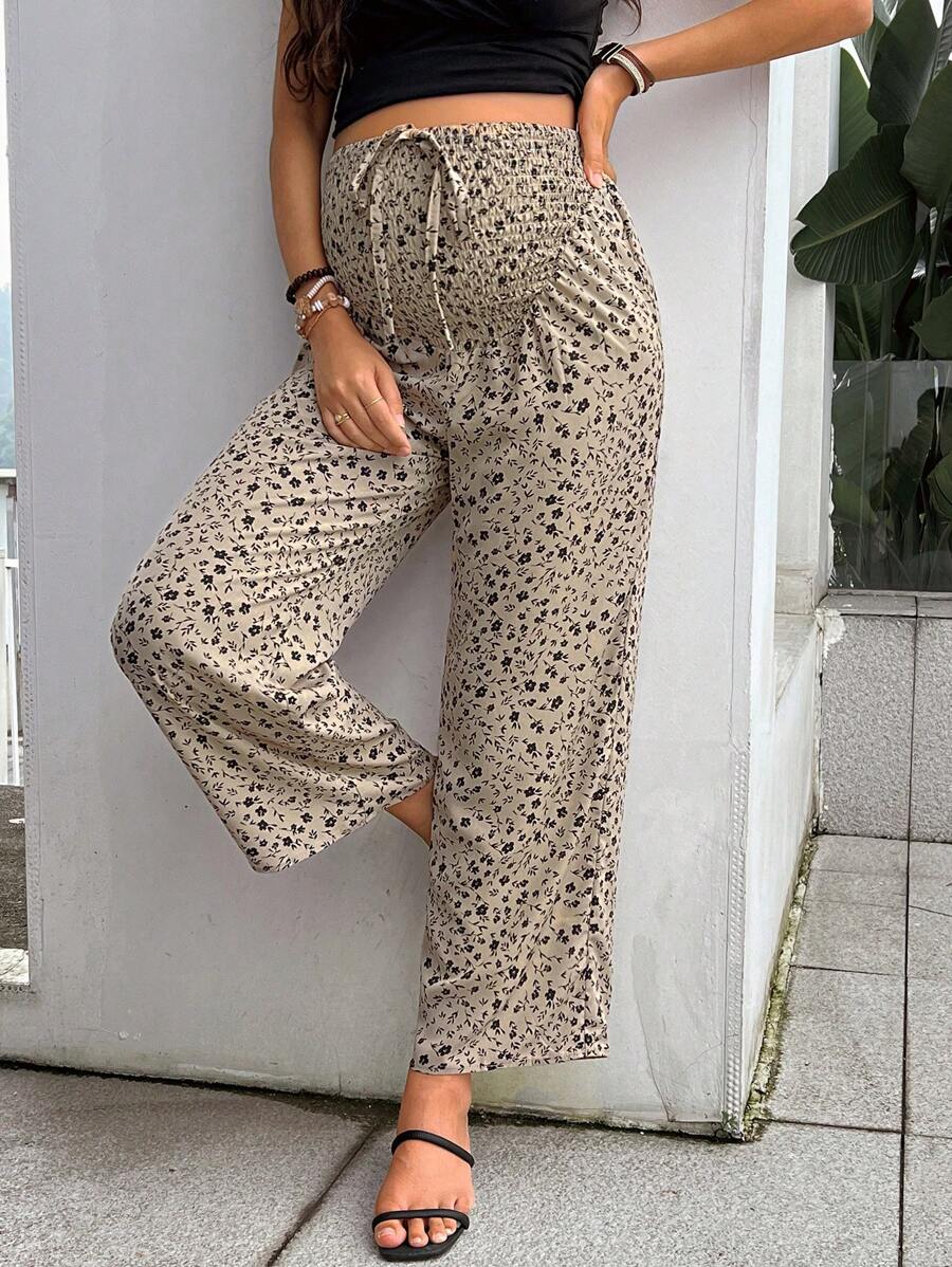 SHEIN Maternity Loose Floral Printed High Waist Flowy Wide Leg Pants For Spring And Summer Holiday - Khaki - View 1