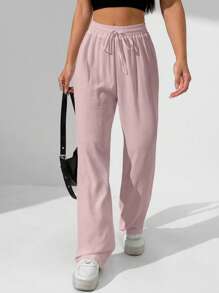SHEIN Unity Quần ống rộng có dây thắt lưng màu trơn cho nữ - Bụi hồng - Xem 3