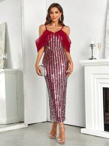 SHEIN Belle Burgundy Red Cold Shoulder Contrast Mesh Sequin Bridesmaid Dress