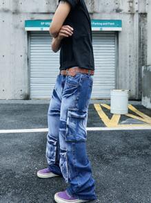 Manfinity Roghcode Herren Cargo Jeans ohne Gürtel mit Klappentaschen an den Seiten - Blau - Übersicht 5