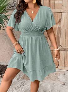 SHEIN Plus Swiss Dot Butterfly Sleeve Ruffle Hem Dress For Summer Vacation - Mint Green - View 4