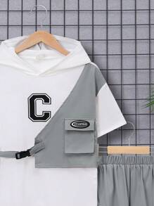 SHEIN Conjunto de dos piezas de camiseta y pantalones cortos con capucha estampada y ajuste holgado para niño preadolescente - Gris - Ver 5