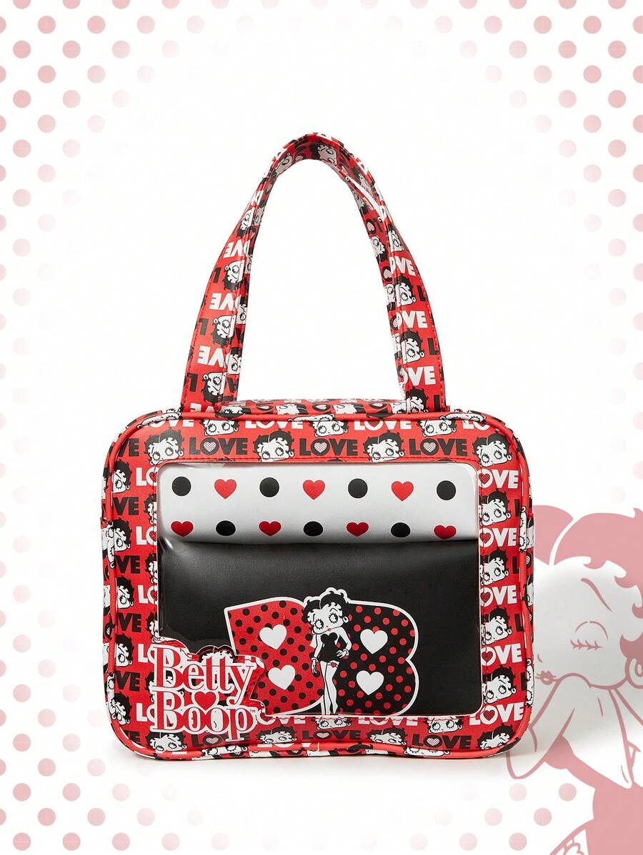 Betty Boop | ROMWE Cartoon Character & Letter Printed Cute Fashionable Large Capacity Makeup Bag, Portable - Red - View 1
