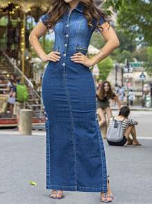 Women Button Half Placket Split Hem Denim Dress