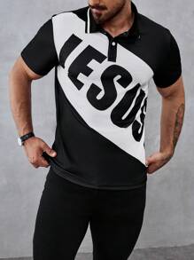 Manfinity Mode 男士字母圖形雙色撞色Polo衫 - 黑與白 - 查看 3