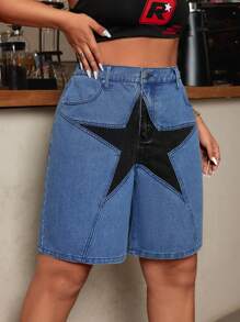 SHEIN ICON Shorts de mezclilla con estampado de estrellas en tamaño grande