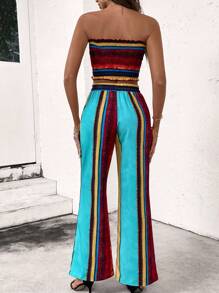 SHEIN LUNE Atasan dan Celana Tanpa Tali dengan Simpul di Depan Motif Garis-garis - MultiWarna - View 2