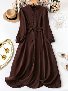 SHEIN Plus Plain Lantern Sleeve Belted Dress Maxi Women Outfit Fall Cloth For Women - Brown - View 1