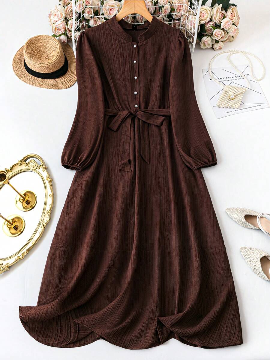 SHEIN Plus Plain Lantern Sleeve Belted Dress Maxi Women Outfit Fall Cloth For Women - Brown - View 1
