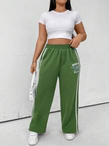 Flirla Plus Letter Graphic Contrast Tape Side Sweatpants - Green - View 7