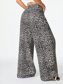 SHEIN EZwear Women's Y2K Streetwear Cool And Versatile Vintage Leopard Print Low Waist Wide Leg Pants - Khaki - View 2