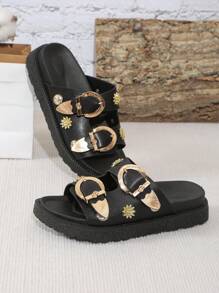 Nouvelles arrivées Sandales compensées femme noires à la mode et confortables, style décontracté, semelle épaisse, style punk, bout rond, ouvert, avec boucle - Noir - Voir 6