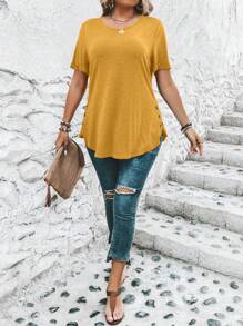 SHEIN Clasi 大尺碼女裝夏季純色短袖圓領紐扣裝飾休閒T恤 - 黃色 - 查看 7