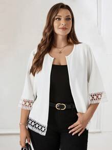 Miaspire Plus Size White Jacket With Water-Soluble Lace Patchwork,Fall Women Clothes Winter Autumn - White - View 1