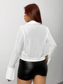 SHEIN ICON Áo bodycon dệt kim xuyên thấu Plus Size với vòng eo thon gọn - trắng - Xem 2