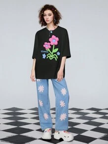 SHEINNeu Damska koszulka letnia o luźnym kroju, z okrągłym dekoltem, rękawami z opadającymi ramionami i dekoracją kwiatową 3D