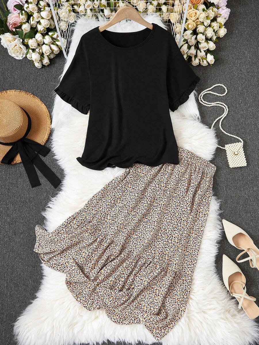 Franclia Solid Tee & Ditsy Floral Ruffle Hem Skirt For Summer - Multicolor - View 1