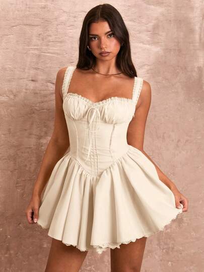 SHEIN BAE Damska sukienka z marszczeniami na ramiączkach, koronką i bufkami