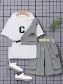SHEIN Conjunto de dos piezas de camiseta y pantalones cortos con capucha estampada y ajuste holgado para niño preadolescente - Gris - Ver 7