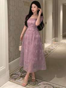 DAZY Ladies' Elegant Long Dress With Soft Wind Square Neck And Short Puff Sleeves Prom Dress - Mauve Purple - View 4