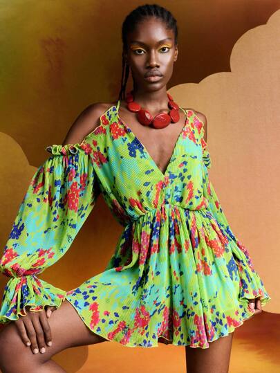 Alice McCall Mono bohemio de alta costura con mangas abullonadas, efecto tie-dye y hombros descubiertos, perfecto para vacaciones, primavera, playa, festivales, Ibiza