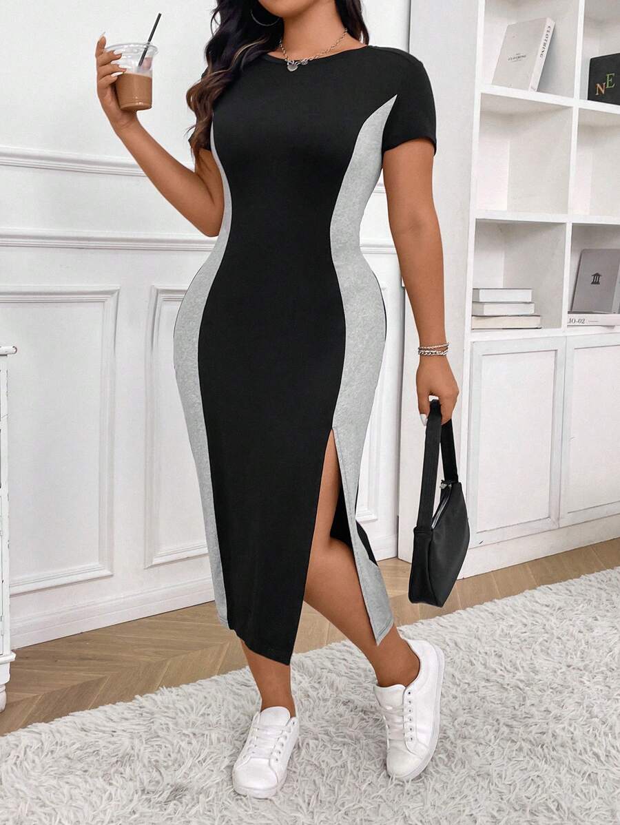 Calvaya Women Plus Size Color Block Round Neck Dress, Summer Outfit - Multicolor - View 1