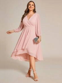 Plus Size Women's Chiffon A-Line Asymmetric Hem V-Neck Long Sleeve Ruffle Midi Wedding Guest Dress/Bridesmaid Dress - Pink - View 2