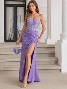 淡紫色闪亮蕾丝美人鱼正式晚礼服，高开叉，奢华亮片舞会礼服，女士正式舞会礼服，优雅婚礼宾客礼服，适合毕业典礼、晚宴